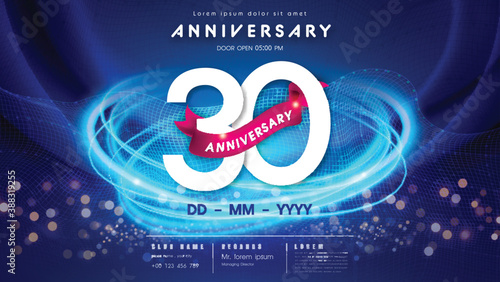 30 years anniversary logo template on dark blue Abstract futuristic space background. 30th modern technology design celebrating numbers with Hi-tech network digital technology concept design elements.