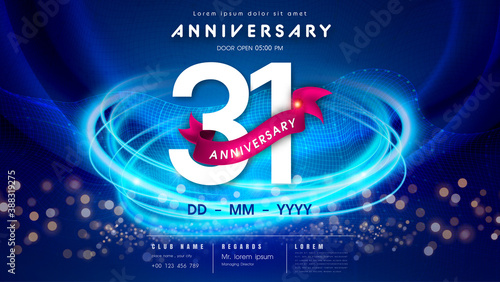 31 years anniversary logo template on dark blue Abstract futuristic space background. 31st modern technology design celebrating numbers with Hi-tech network digital technology concept design elements.