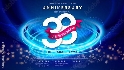 38 years anniversary logo template on dark blue Abstract futuristic space background. 38th modern technology design celebrating numbers with Hi-tech network digital technology concept design elements.