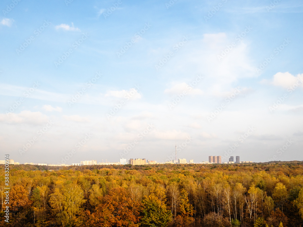 Obraz premium blue sky with white clouds over town and colorful forest on autumn afternoon
