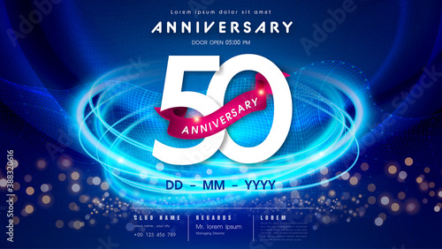 50 years anniversary logo template on dark blue Abstract futuristic space background. 50th modern technology design celebrating numbers with Hi-tech network digital technology concept design elements.