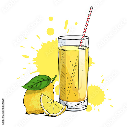 Fresh lemonade with a lemon wedge and a straw