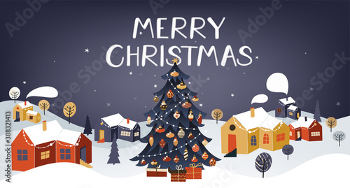 Merry Christmas vector illustration. Snow covered little town.	
