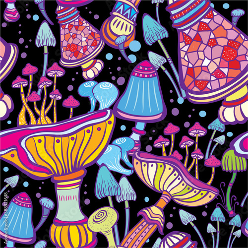 Seamless patterns with decorative mushrooms