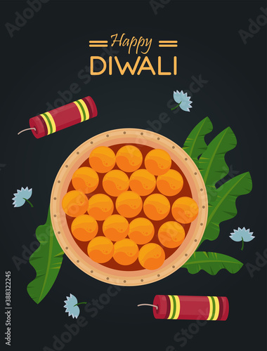 happy diwali celebration with dish food and firework rockets