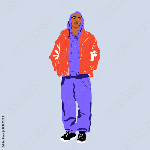 A young man in a sports suit and a red jacket. Trendy isolated person illustration. Hand-drawn vector people. Autumn outfit illustration. Modern man illustration for web and print. The pe is isolated.