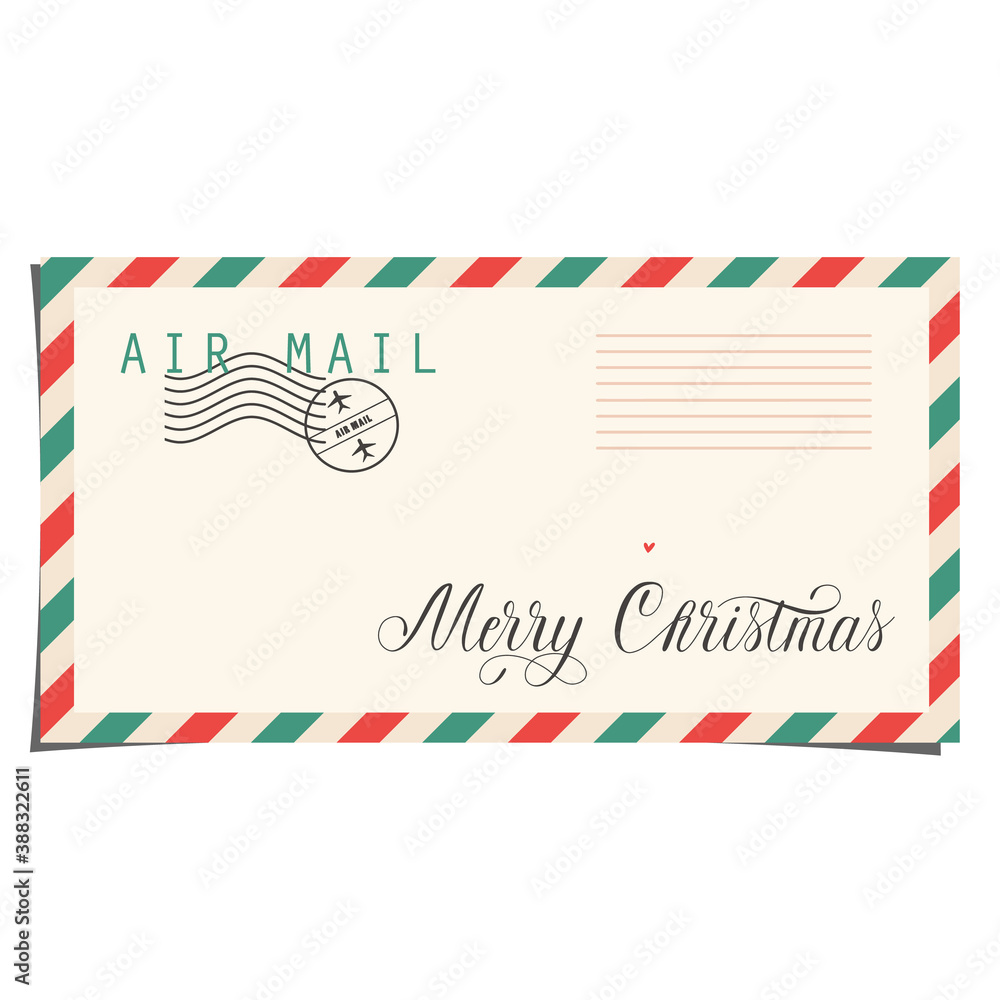 Merry Christmas envelope isolated vector illustration. Trendy simple design. Letter to Santa Claus. Envelope with a post stamp and handwritten calligraphy text. Christmas holiday concept. Merry Christmas envelope isolated vector illustration. Trendy simple design. Letter to Santa Claus. Envelope with a post stamp and handwritten calligraphy text. Christmas holiday concept.