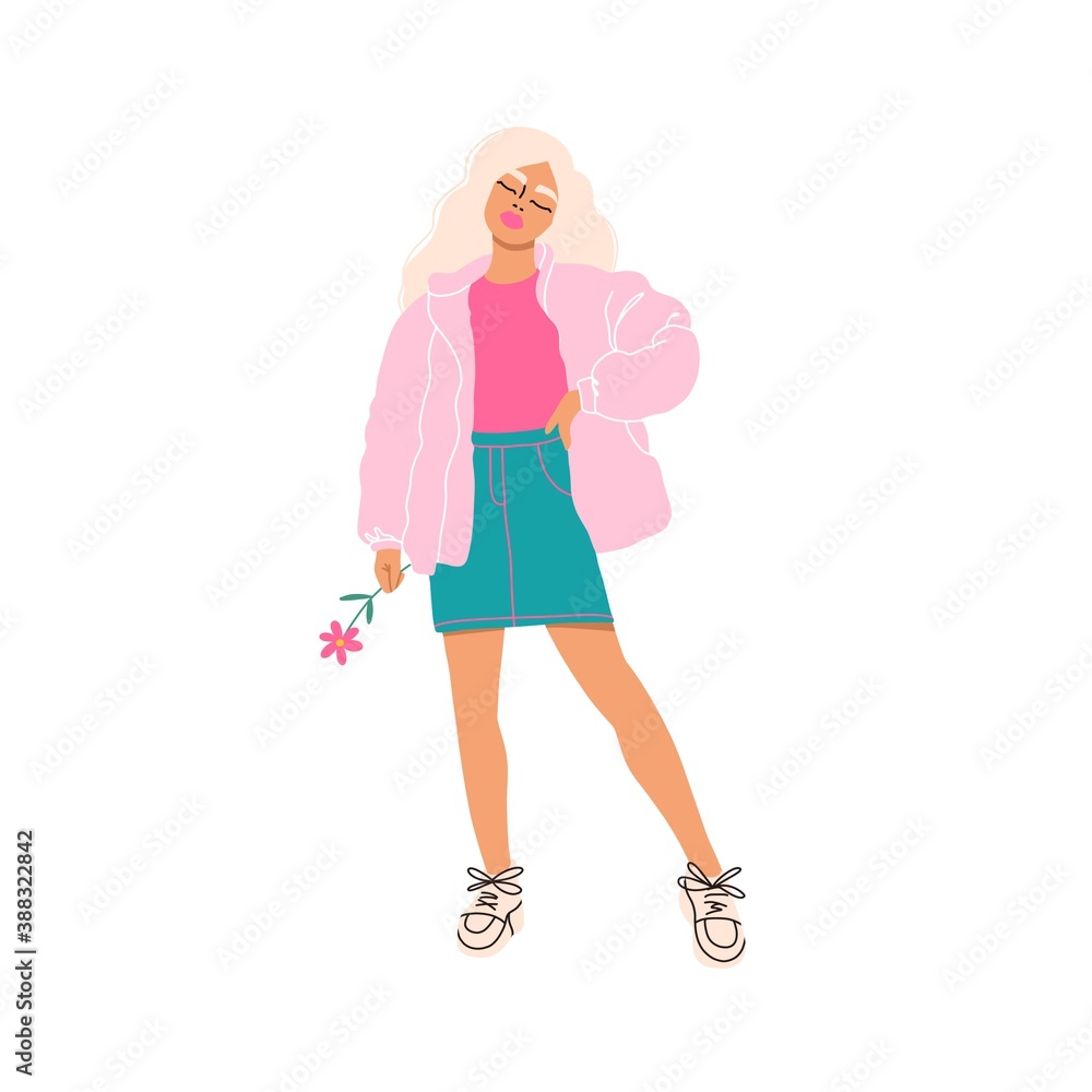 Blonde girl in a pink puffer holding flower. Full body female illustration. Feminine colorful female portrait on a white background. Women wearing a jeans skirt. Teenage girl trendy outfit. Blonde girl in a pink puffer holding flower. Full body female illustration. Feminine colorful female portrait on a white background. Women wearing a jeans skirt. Teenage girl trendy outfit.