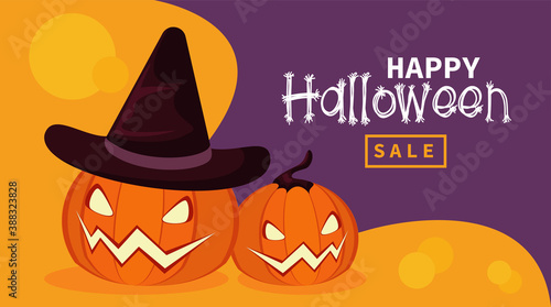 happy halloween celebration card with pumpkins wearing witch hat