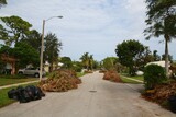 Piles of fallen tree branches line up a residential neighborhood street in Boca Raton, Florida after Hurricane Irma.