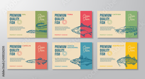 Fish Labels Set. Abstract Vector Packaging Design Layouts Collection. Modern Typography and Hand Drawn Fish Sketch Silhouettes Backgrounds with Soft Shadows.
