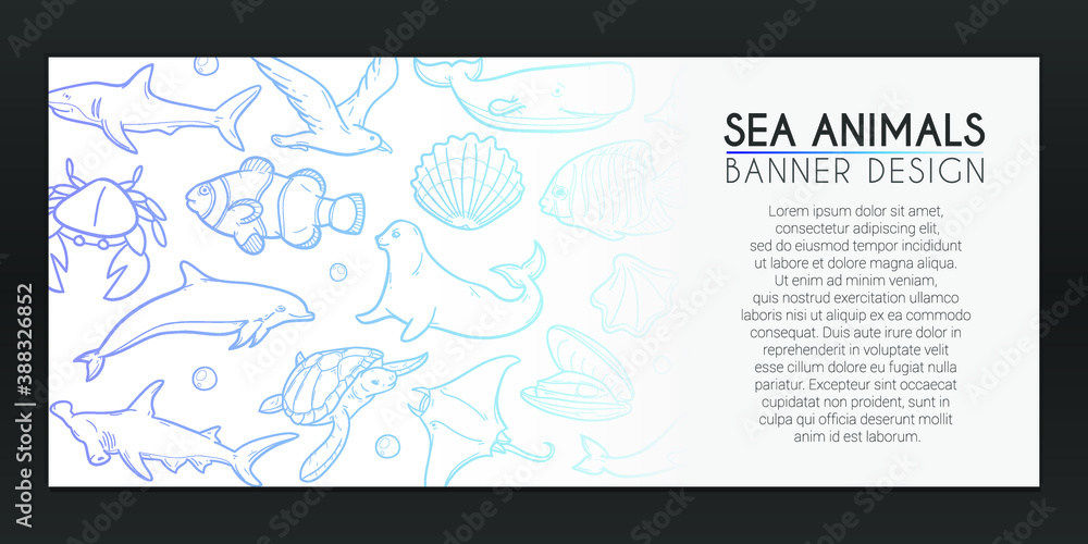 Sea Animals Banner Doodles. Water Background Hand drawn. Ocean illustration. Vector Horizontal Design.
