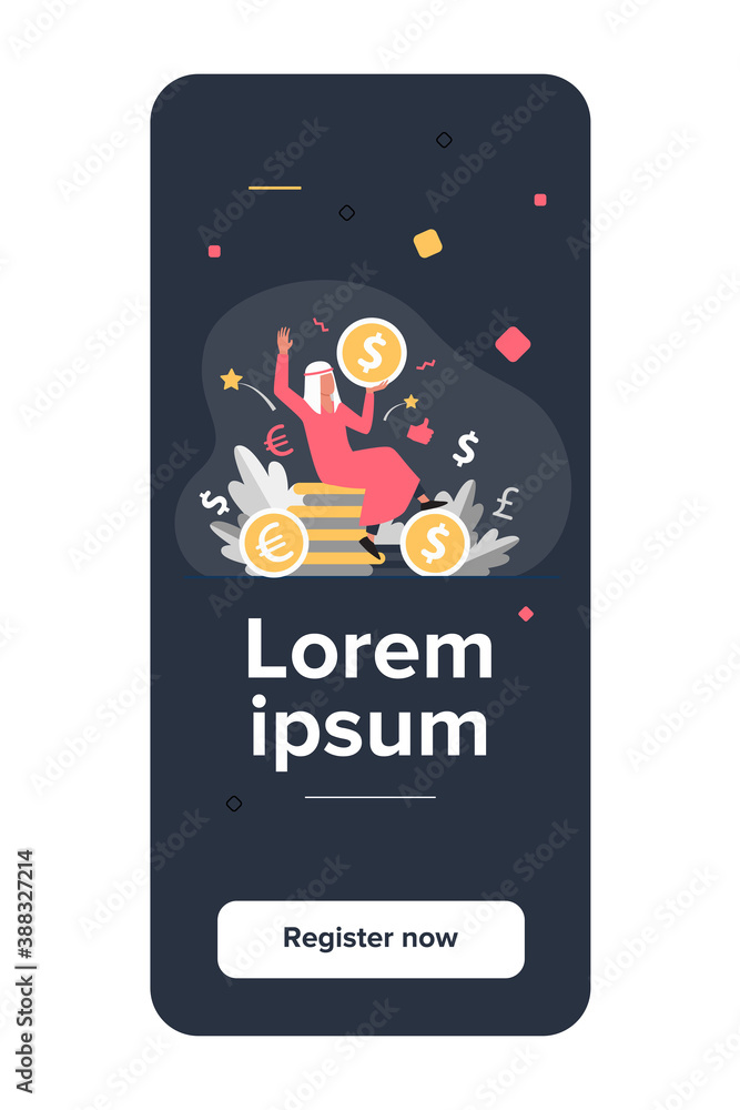 Arabian man sitting on pile of gold coins. Dollar, cash, money flat vector illustration. Finance and wealth concept for banner, website design or landing web page Arabian man sitting on pile of gold coins. Dollar, cash, money flat vector illustration. Finance and wealth concept for banner, website design or landing web page