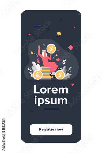Arabian man sitting on pile of gold coins. Dollar, cash, money flat vector illustration. Finance and wealth concept for banner, website design or landing web page