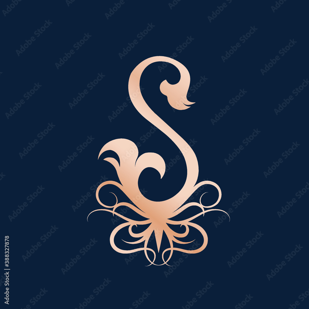 Letter S logo.Ornate typographic icon isolated on dark background.Decorative lettering sign.Alphabet initial and floral elements.Vintage,elegant,luxury style character shape for company brand. Letter S logo.Ornate typographic icon isolated on dark background.Decorative lettering sign.Alphabet initial and floral elements.Vintage,elegant,luxury style character shape for company brand.