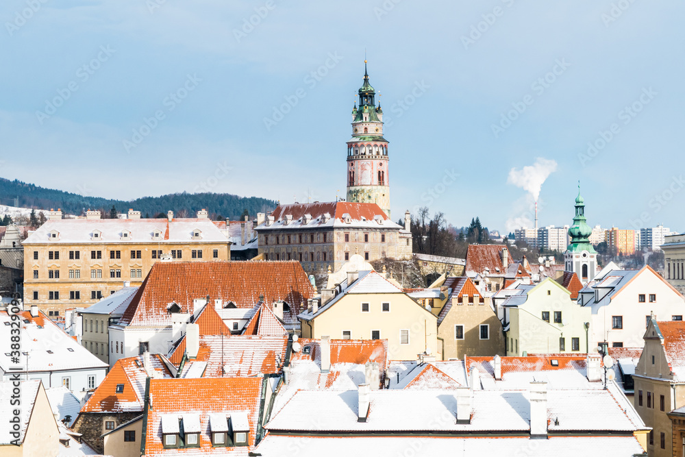 Winter view old Town of Cesky Krumlov and Church in Cesky Krumlov, Czech republic