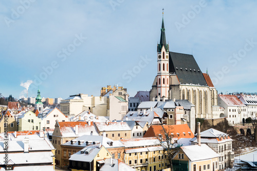 Winter view old Town of Cesky Krumlov and Church in Cesky Krumlov, Czech republic