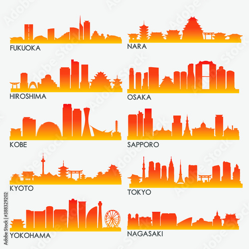 JapanSkyline City Silhouette Design Collection. Japanese Vector Illustration Set Clip Art.