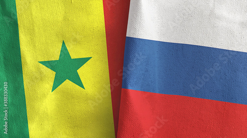 Russia and Senegal two flags textile cloth 3D rendering