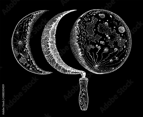 Sickle and moon phases. Waning and crescent moon. Hand drawn vector illustration isolated white on black. T shirt print, tattoo design in dotwork style. Nature, rural, magic, esoteric symbol.