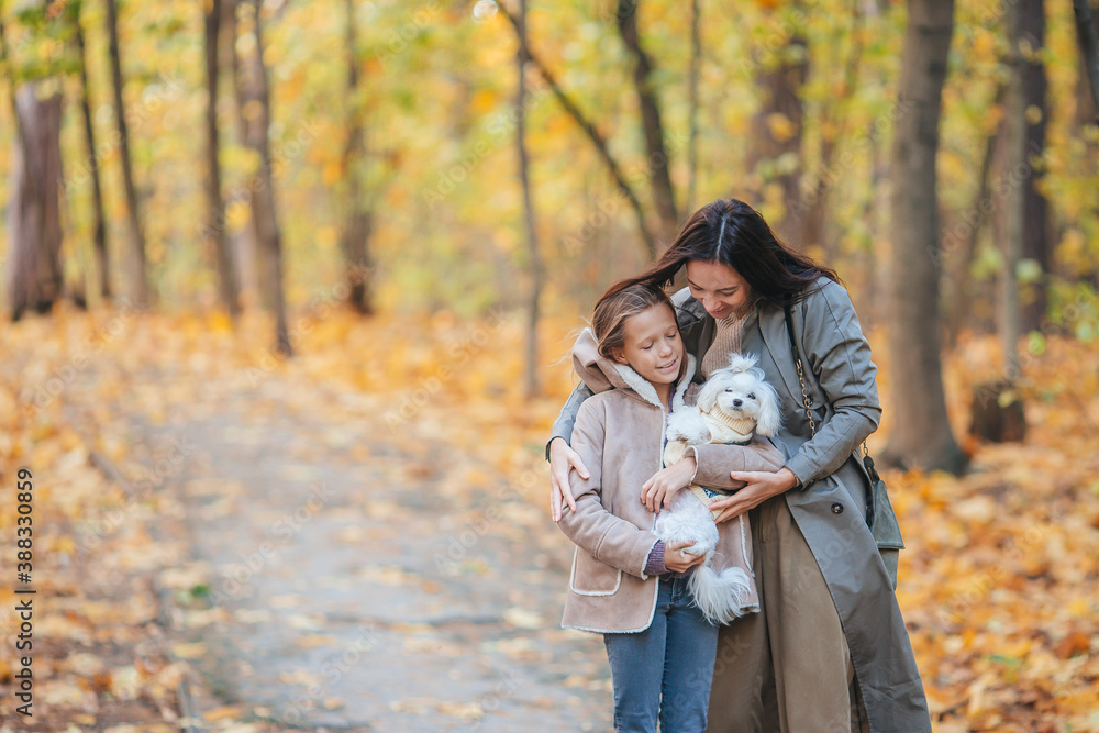 Fototapeta premium Little girl with mom outdoors in park at autumn day