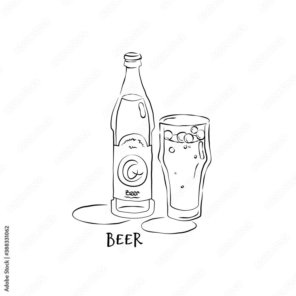 Bottle and glass beer in hand drawn style. Restaurant illustration for celebration design. Retro sketch. Line art. Design element. Beverage outline icon. Isolated on white background Bottle and glass beer in hand drawn style. Restaurant illustration for celebration design. Retro sketch. Line art. Design element. Beverage outline icon. Isolated on white background