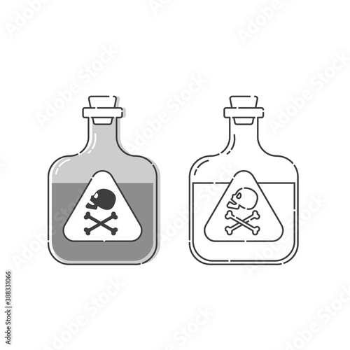 Bottle poison with skull in profile and full face for concept design. Dangerous container. Potion beverage medical concept. Chemistry addiction icon. Venom, danger symbol. Isolated flat illustration