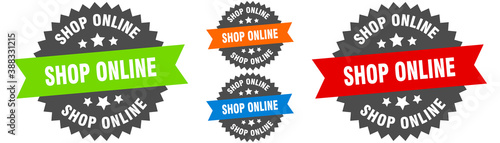 shop online sign. round ribbon label set. Seal