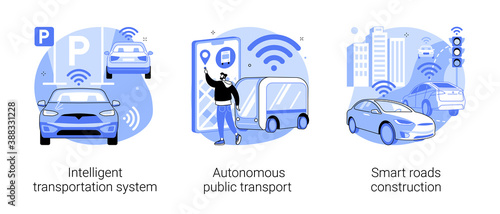 Smart city technology abstract concept vector illustration set. Intelligent transportation system, autonomous public transport, smart roads construction, traffic, parking management abstract metaphor.