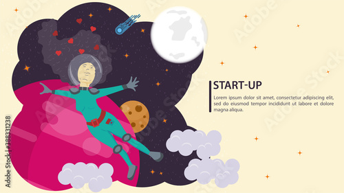 Girl in a space suit in open space in weightlessness flying with her arms outstretched in different directions among the planets flat vector drawing for design