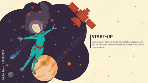 Girl in a space suit in outer space flying in zero gravity flat vector drawing for design design