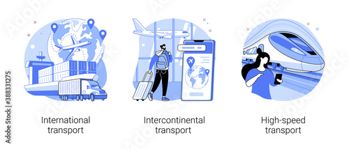 Modern transportation abstract concept vector illustration set. International, intercontinental and high-speed transport, sea freight, air cargo, plane at airport, railway station abstract metaphor.