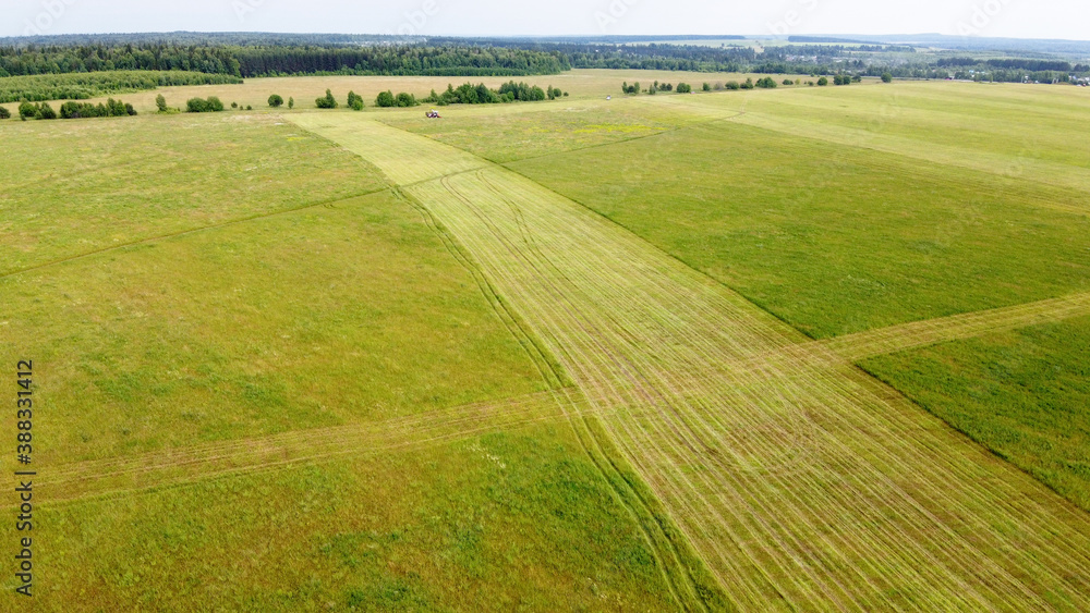 The harvester removes grass from the fields. View from above