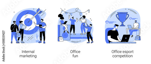Employee engagement abstract concept vector illustration set. Internal marketing, office fun and esport competition, stress management, teambuilding, video game tournament abstract metaphor.