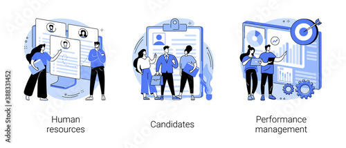 HR and headhunter service abstract concept vector illustration set. Human resources, candidates, performance management, find employee, job applicant, HR management software abstract metaphor.