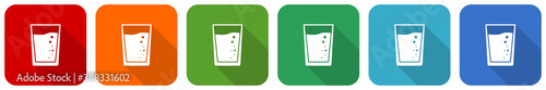 Glass of water icon set, flat design vector illustration in 6 colors options for webdesign and mobile applications
