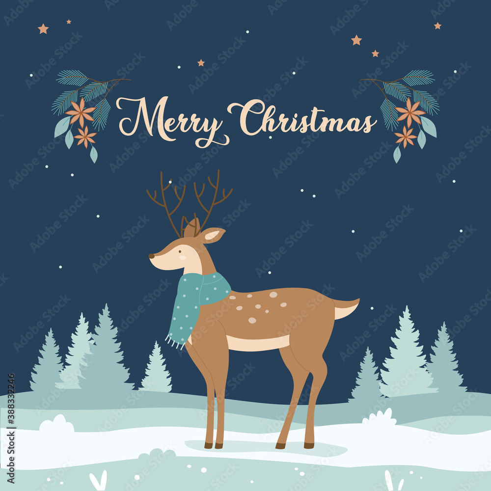 Merry Christmas greeting card with cute deer vector illustration. Cartoon  Christmas wild animal wearing scarf, reindeer character standing in snow  cold xmas landscape, winter holiday design background Stock Vector | Adobe  Stock