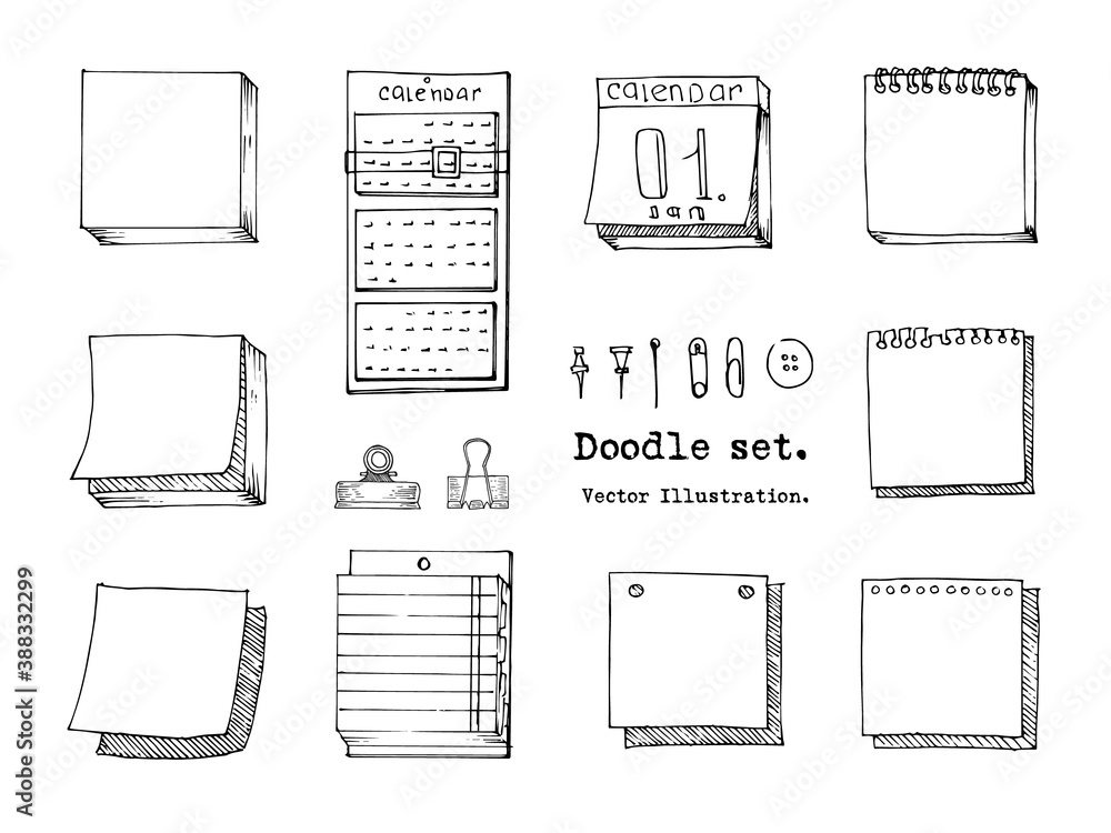 Vector Set of Doodle sticky note, paper sheet, pack of paper, calendar, pin, binder.  Sketch Office stuff. Hand drawn doodle vector illustration. Design elements for infographic, doodle icon.  School
 - obrazy, fototapety, plakaty 