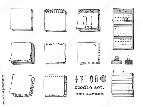 Vector Set of Doodle sticky note, paper sheet, pack of paper, calendar, pin, binder.  Sketch Office stuff. Hand drawn doodle vector illustration. Design elements for infographic, doodle icon.  School