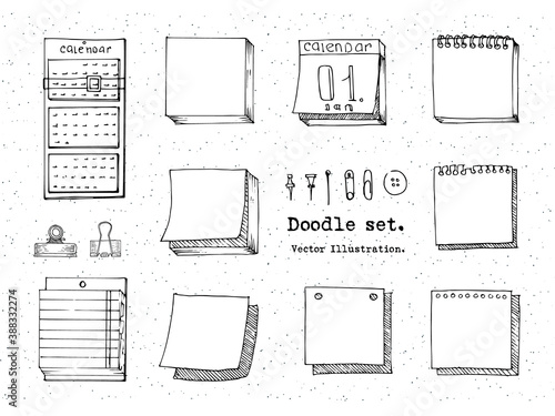 Hand drawn Vector Set of Doodle sticky note, paper sheet, pack of paper, calendar, pin, binder.  Sketch Office stuff. Doodle vector illustration. Design elements for infographic, doodle icon.  School
