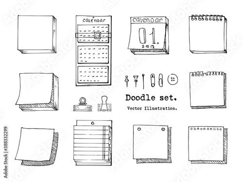 Vector Set of Doodle sticky note, paper sheet, pack of paper, calendar, pin, binder.  Sketch Office stuff. Hand drawn doodle vector illustration. Design elements for infographic, doodle icon.  School
