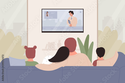 Happy family with kids sitting on sofa together and watching TV news or movie in living room vector illustration