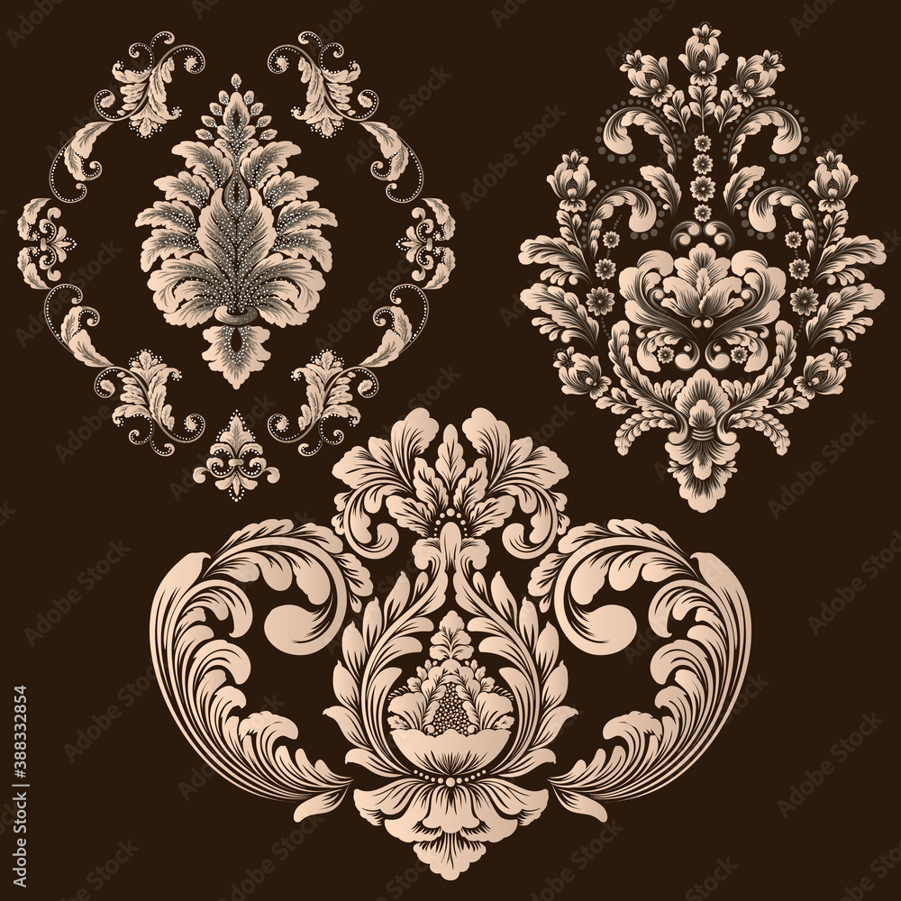 Vector set of damask ornamental elements. Elegant floral abstract elements for design. Perfect for invitations, cards etc. Vector set of damask ornamental elements. Elegant floral abstract elements for design. Perfect for invitations, cards etc.