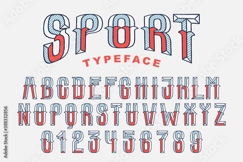 Vector condensed retro font and numbers with striped shadows.