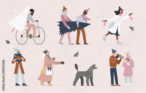 People in Christmas street market vector illustration. Cartoon woman man shoppers characters shopping in Xmas shop fair on town square, buying Christmas tree, hot drinks and boxes presents background