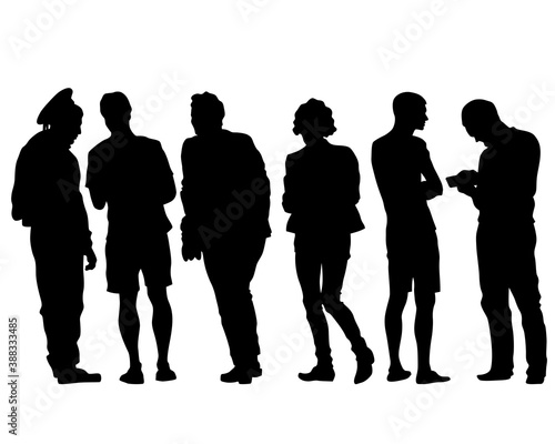 Tourists with smartphones in their hands take pictures of themselves. Isolated silhouettes on white background