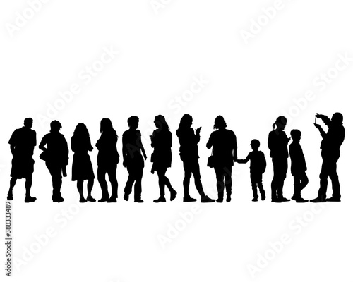 Tourists with smartphones in their hands take pictures of themselves. Isolated silhouettes on white background