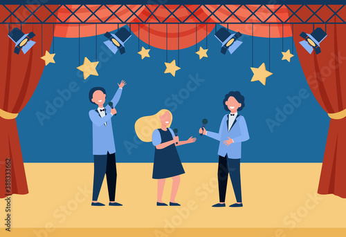 Happy children with microphones performing on stage, playing roles in school theater or singing. Vector illustration for talent show, concert, performance, childhood concept