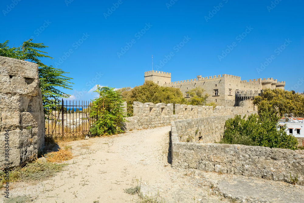 The medieval castle fortress Palace of the Grand Master of the Knights of Rhodes on the meditteranean island of Rhodes, Greece.
