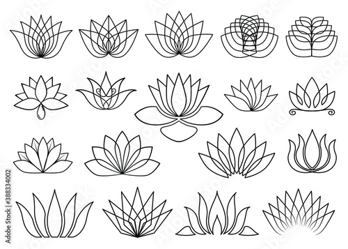 Vector lotus illustration collection. Set of black outline lotus flowers. For spa  beauty salon logo  sign. Floral set line art isolated on white background.